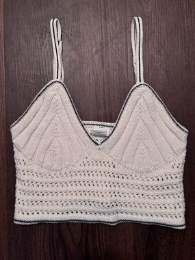 wild fable Ivory Knit Crochet V-Neck Cami with Navy Trim